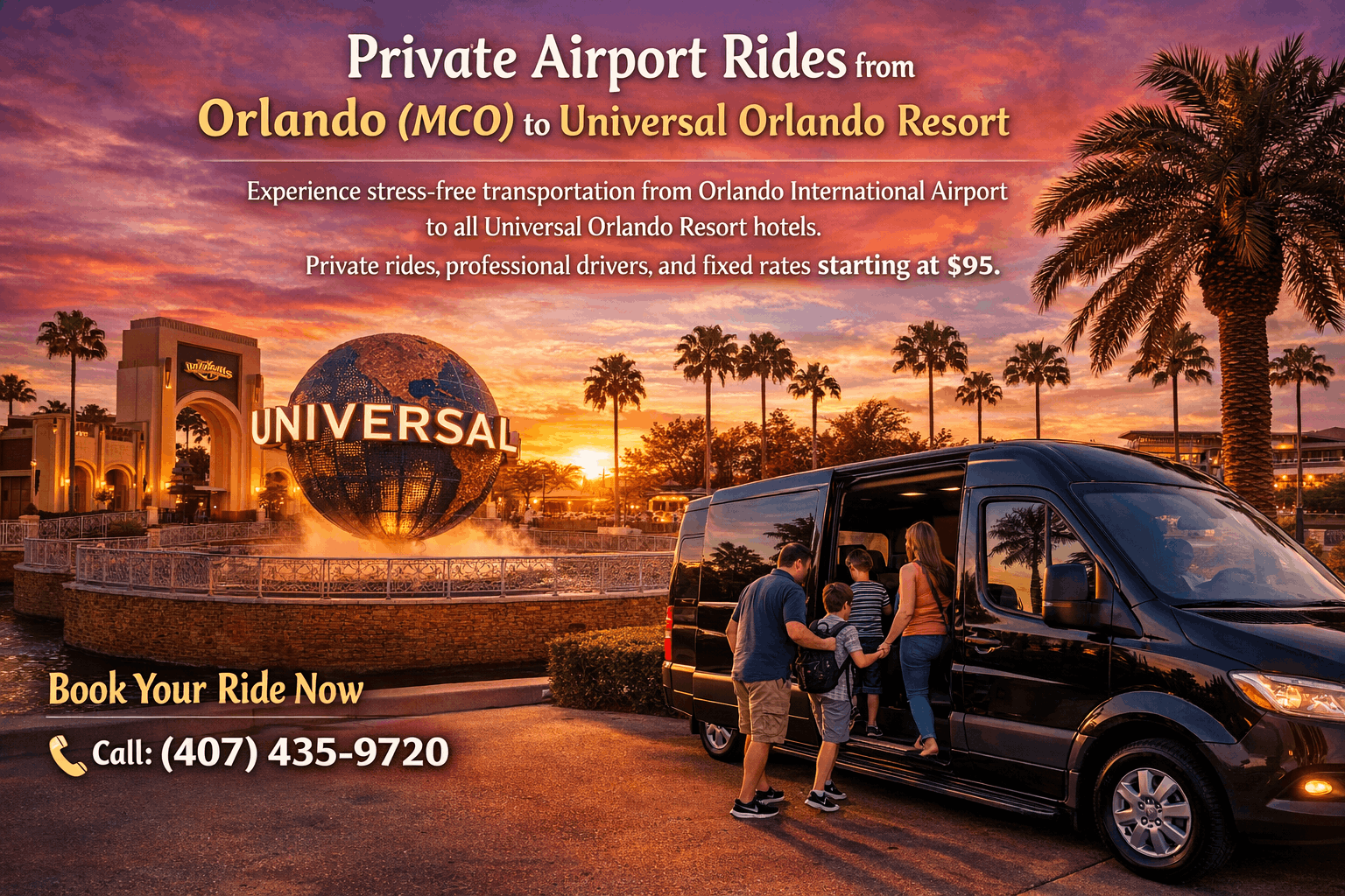 Private shuttle van for Universal Epic Universe transportation at Stella Nova and Terra Luna resorts