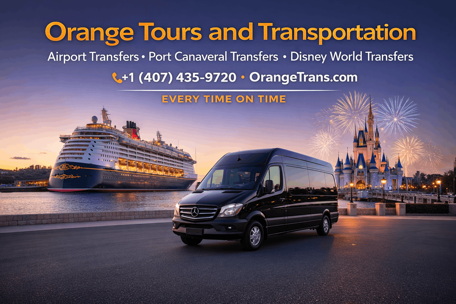 Black passenger van for private transfer to Port Canaveral